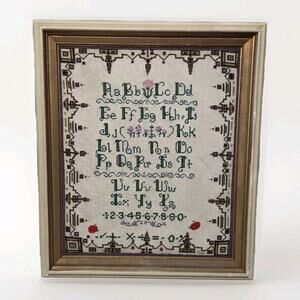 Vtg Framed Cross Stitch Alphabet Sampler Wall Art Needlepoint Cottagecore 24x29"